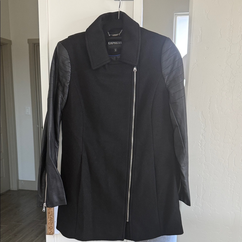 Express Women's Black Trench Coat with Leather Sleeves
